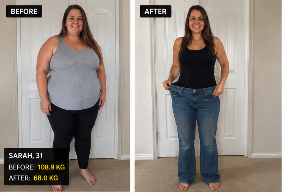 Sarah, 31 — before and after, 108.9kg to 68.0kg
