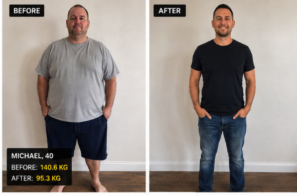 Michael, 40 — before and after, 140.6kg to 95.3kg