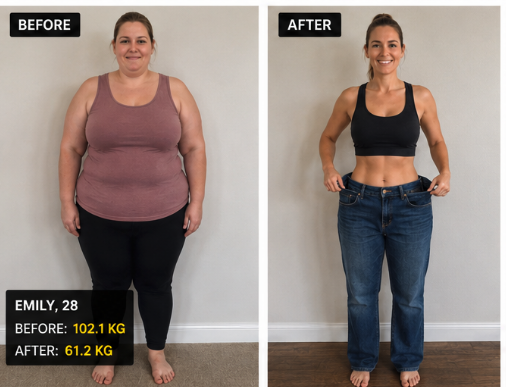 Emily, 28 — before and after, 102.1kg to 61.2kg